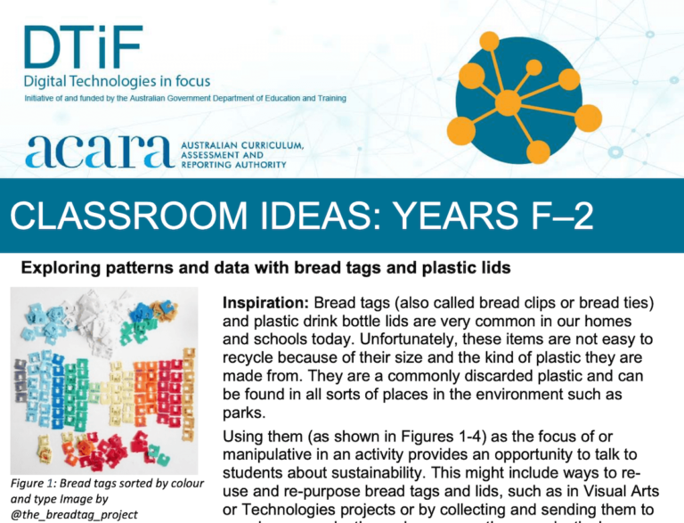 ACARA: Classroom Ideas: Years F-2, Exploring patterns and data with breadtags and plastic lids